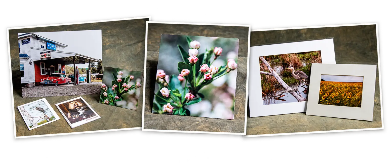 Fine art photography by Karen Heltzel, including metal prints, matted nature photographs, and photographic notecards